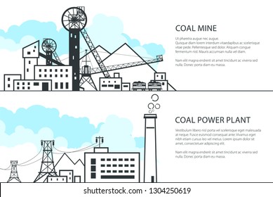 Set of Horizontal Banners with Mining and Coal Power Station, Complex Industrial Facilities with Spoil Tip and Power Line and Mine, Coal and Energy Industry, Vector Illustration