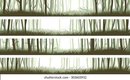 Set horizontal banners misty forest with clearing in woods and trunks of trees (green tone).