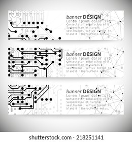 Set of horizontal banners. Molecule structure, gray background for communication