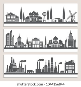 Set of horizontal banners with monochrome illustrations of urban landscapes. Silhouette of modern buildings. Vector city architecture building, construction cityscape and urban house