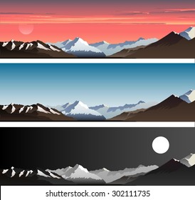 Set horizontal banners of mountains landscape. Sunrise in the mountains. Sunset in the mountains. Night in the mountains. Daily mountains. Banners for advertising.