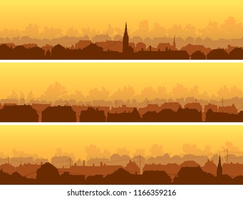 Set of horizontal banners of old yellow historic city with clouds at sunset.