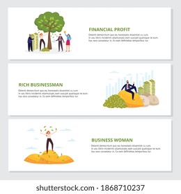 Conjunto de banners horizontales sobre el tema de la ganancia financiera y el éxito empresarial con personajes de dibujos animados de exitosos empresarios ricos, ilustración vectorial plana.