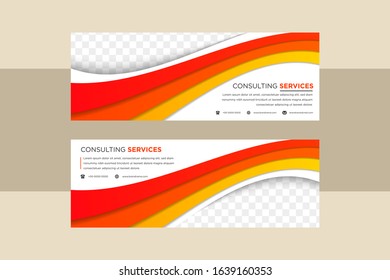 Set of Horizontal banners with orange to red paper cut shapes. Vector illustration. 3D abstract carving art. space for photo. wavy style element designs. 
