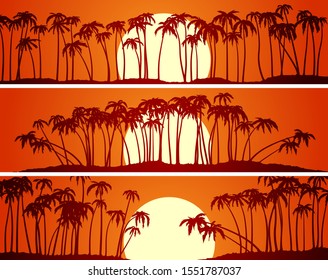 Set of horizontal banners of palm trees on beach at sunset.
