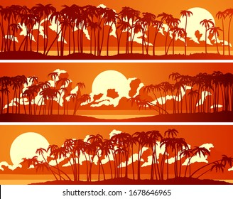 Set of horizontal banners of palm trees on the beach with cumulus clouds on the horizon at sunset.