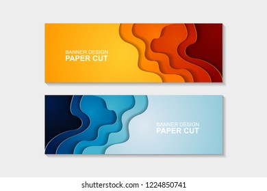 Set of horizontal banners in paper cut style. Banner design with abstract background. Paper cut vector illustration for banner, presentation, and invitation.