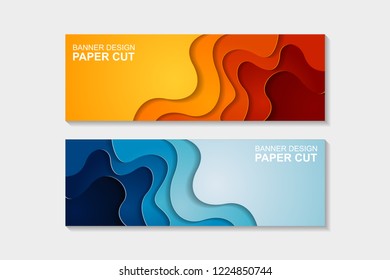 Set of horizontal banners in paper cut style. Banner design with abstract background. Paper cut vector illustration for banner, presentation, and invitation.