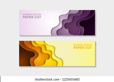 Set of horizontal banners in paper cut style. Banner design with abstract background. Paper cut vector illustration for banner, presentation, and invitation.