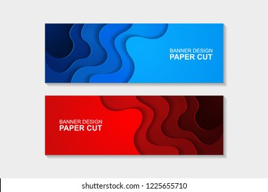Set of horizontal banners in paper cut style. Banner design with abstract background. Paper cut vector illustration for banner, presentation, and invitation.