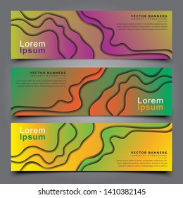 Set of horizontal banners in paper cut style. Banner design with abstract background