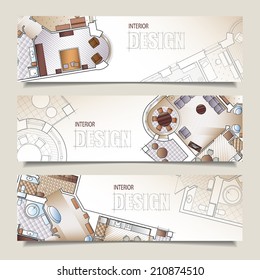 Set of horizontal banners with parts of detailed architectural plan and flat projection with furniture. Background for design of interiors.