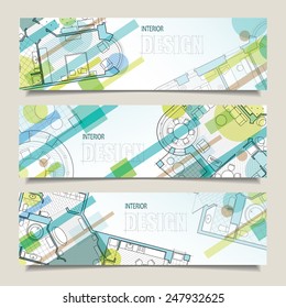 Set of horizontal banners with parts of detailed architectural plan and flat projection with furniture. Background for design of interiors.