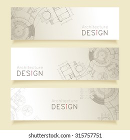 Set of horizontal banners with parts of detailed blueprint.