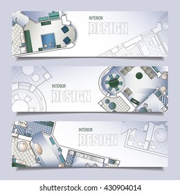 Set of horizontal banners with parts of detailed architectural plan and flat projection with furniture. Background for design of interiors.