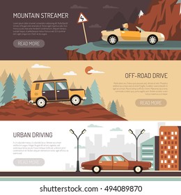 Set of horizontal banners with passenger cars for off-road urban and mountain driving flat vector illustration