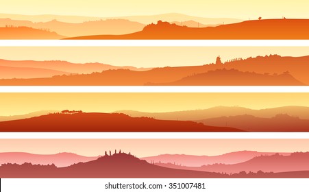 Set of horizontal banners of pastoral landscape of valley with manors at sunset.