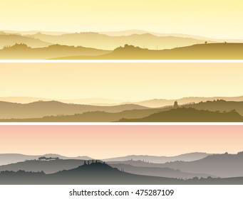 Set of horizontal banners of pastoral landscape of valley with manors at sunset.