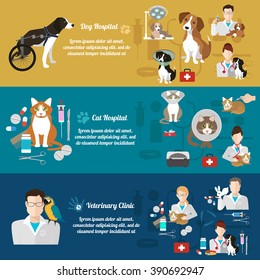 Set of horizontal banners. Pet care. Vet clinic. Flat design. Vector illustration