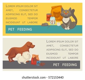 Set of horizontal banners. Pet feeding and care. Vet clinic or veterinary vaccination. Flat design. Vector illustration