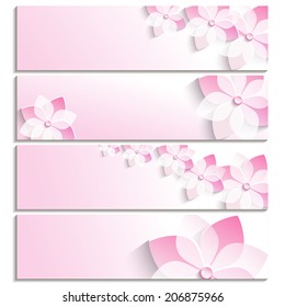 Set of horizontal banners with pink 3d blossoming sakura isolated on white background. Stylish trendy abstract wallpaper. Beautiful greeting or invitation card. Vector illustration