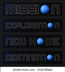 Set of horizontal banners with planet Neptune in outer space. Space background with eighth planet of solar system. Cards for design with realistic blue sphere in galaxy. Celestial object for website