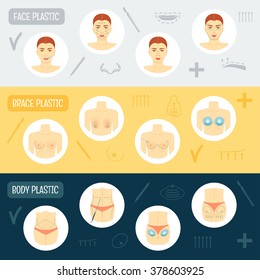 Set of horizontal banners. Plastic surgery concept. Flat design. Vector illustration