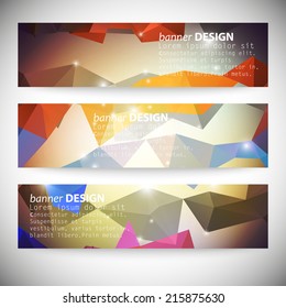 Set of horizontal banners with polygonal abstract shapes, circles, lines and triangles. Triangle design vector illustration