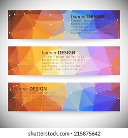 Set of horizontal banners with polygonal abstract shapes, circles, lines and triangles. Triangle design vector illustration