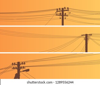 Set of horizontal banners of power line poles with wires on middle voltage transmission (wooden and concrete pillars).