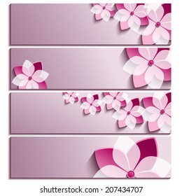Set of horizontal banners purple with 3d blossoming sakura isolated on white background. Stylish trendy wallpaper. Beautiful greeting or invitation card. Vector illustration