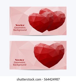 Set of horizontal banners. Red abstract polygonal hearts on pink background. . Business, science, medicine and technology design.