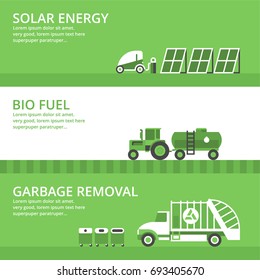 Set of horizontal banners.
 Renewable energy. Bio fuel. Garbage removal. Eco concept. Modern ecological technologies.