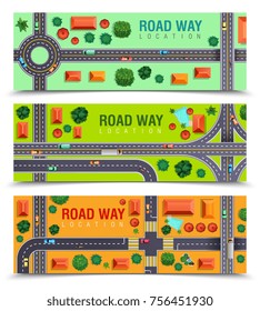 Set of horizontal banners with roadway including crossroads, junctions, vehicles, buildings on color background isolated vector illustration