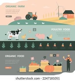Set of horizontal banners. Rural view. Farm animals, poultry products, organic food. Countryside landscape, happy farmer. Ecological agricultural food. Farmland, ranch. flat vector illustration