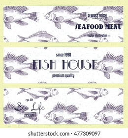 Set of horizontal banners with sea life design. Hand drawn illustration. Vector sketch in line art graphic style on vintage background. Template for fish menu design or restaurant brochure