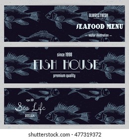 Set of horizontal banners with sea life design. Hand drawn illustration. Vector sketch in line art graphic style on vintage background. Template for fish menu design or restaurant brochure