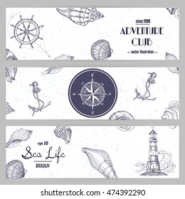 Set of horizontal banners with sea nautical elements. Sea life design. Hand drawn illustration. Vector sketch in line art graphic style on vintage background. Template for book, web, tourist brochure