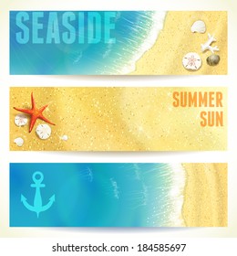 Set of Horizontal Banners with Seaside and Starfish. Vector illustration, eps10, editable.