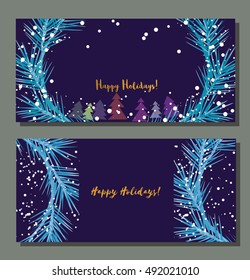 Set of horizontal banners. Season greeting template. Happy holiday. Vintage retro style. Design  Element for Happy New Year invitation card, Christmas brochure leaflet background. Vector illustration.
