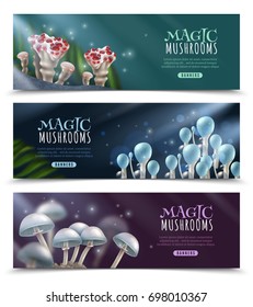 Set of horizontal banners with shiny magic mushrooms and sparks on dark blurred background isolated vector illustration  