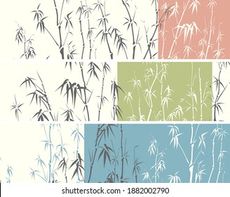 Set of horizontal banners with silhouettes of bamboo trees in green, blue and red color.