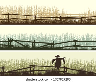 Set of horizontal banners silhouettes of cornfield and grass in front of it with a wooden fence.