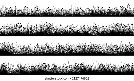 Pancartas horizontales con siluetas de prado florido con hierba corta y muchas flores.