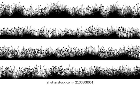 Set of horizontal banners with silhouettes of flowering meadow with uneven ground and many flowers.