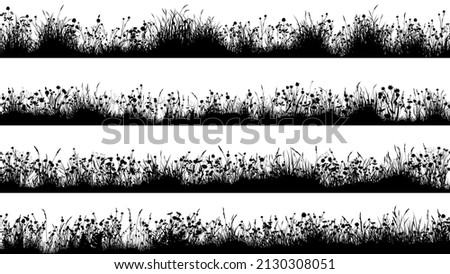 Set of horizontal banners with silhouettes of flowering meadow with uneven ground and many flowers.