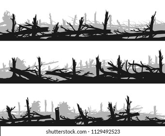 Set Of Horizontal Banners With Silhouettes Of Many Broken Tree Trunks (windbreak, Deadwood, Windfall).