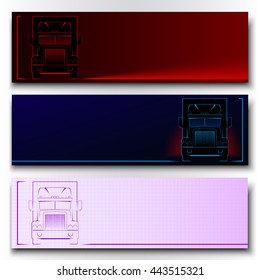 Set of horizontal banners with silhouettes of trucks (front view)