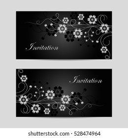 Set of horizontal banners. Silver flowers with shadow on dark background. Vector illustration.