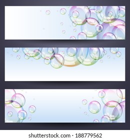 Set of horizontal banners with soap bubbles - light blue background.